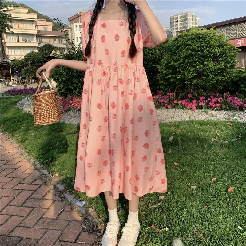 Pink Sweet Strawberry Dress Women Summer Japan Style Kawaii Fairy Long Dresses Ladies Y2k Casual Princess Korean One-piece Dress