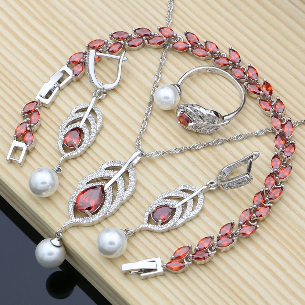 

Bridal Pearls Jewelry Sets Natural Red Garnet 925 Silver Women Wedding Earrings Adjustable Ring Bracelets Necklace Set Gift