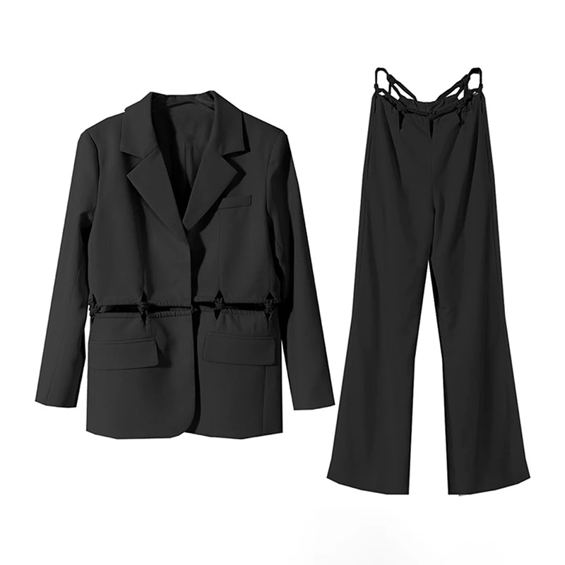 TWOTWINSTYLE Elegant Solid Two Piece Women Notched Long Sleeve Cut Out Top High Waist Wide Leg Pants Loose Women's Suits Stylish