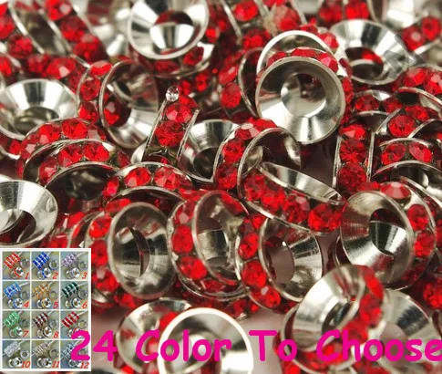 

ycg234 10mm 100pcs/Lot Red Rhinestone Crystal Rondelle Spacer Beads,Rhodium Plated Big Hole European Beads