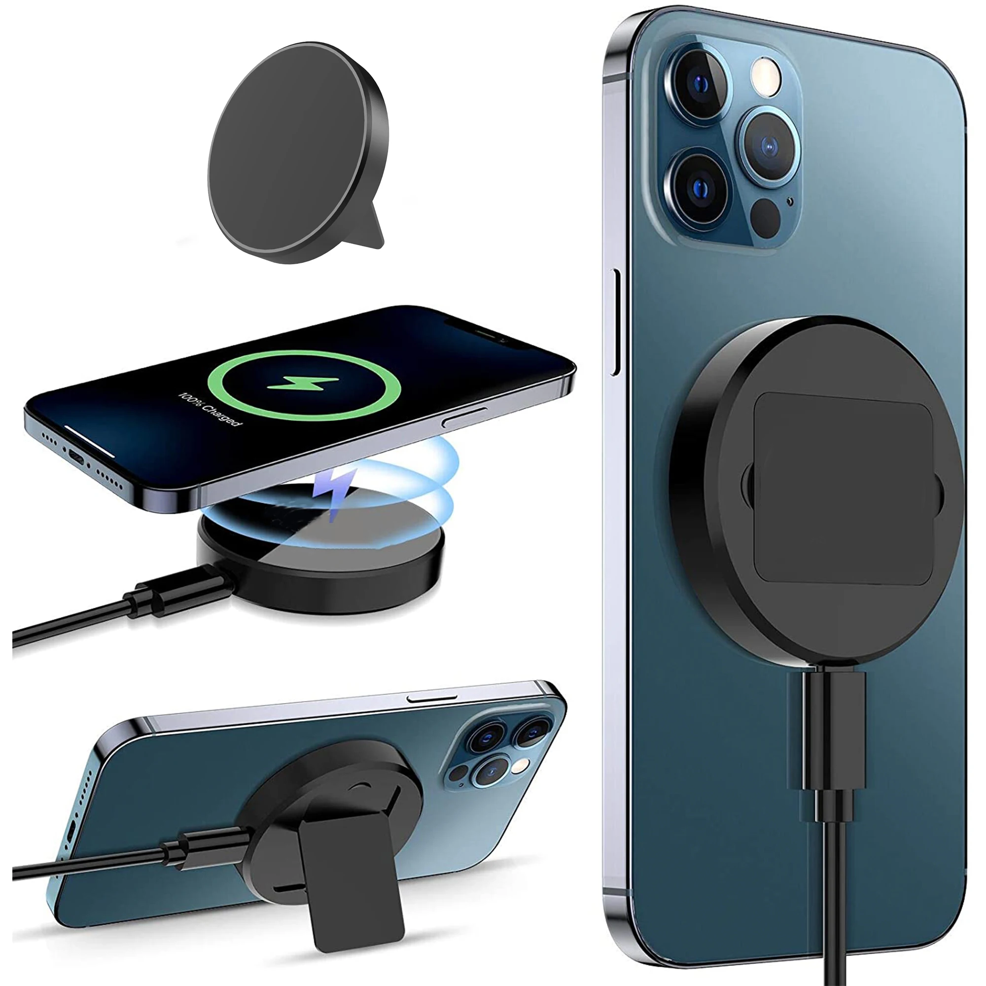 

15W Magnetic Built-in Kickstand Wireless Chargers for Iphone 13/12 Airpods Magnet Wireless Charging Pad with Metal Kick Stand