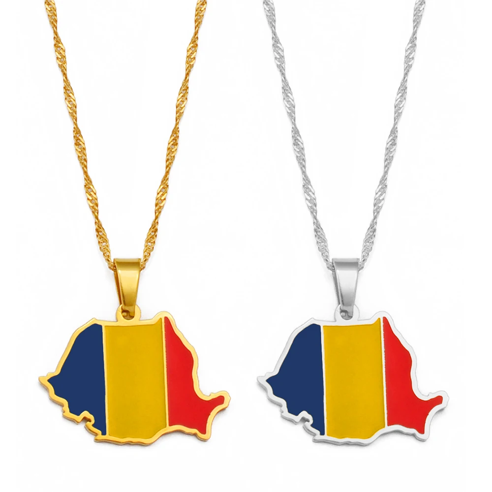 Anniyo Romania Map Flag Pendant Necklaces Silver Color/Gold Color Romanian Jewelry Ethnic @258621