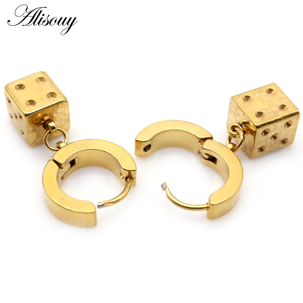 Alisouy 2pcs Punk Stainless Steel Stud Huggie Hoop Earrings for Women Men Cube Square Dice Dangle Earrings Hiphop Goth Earrings