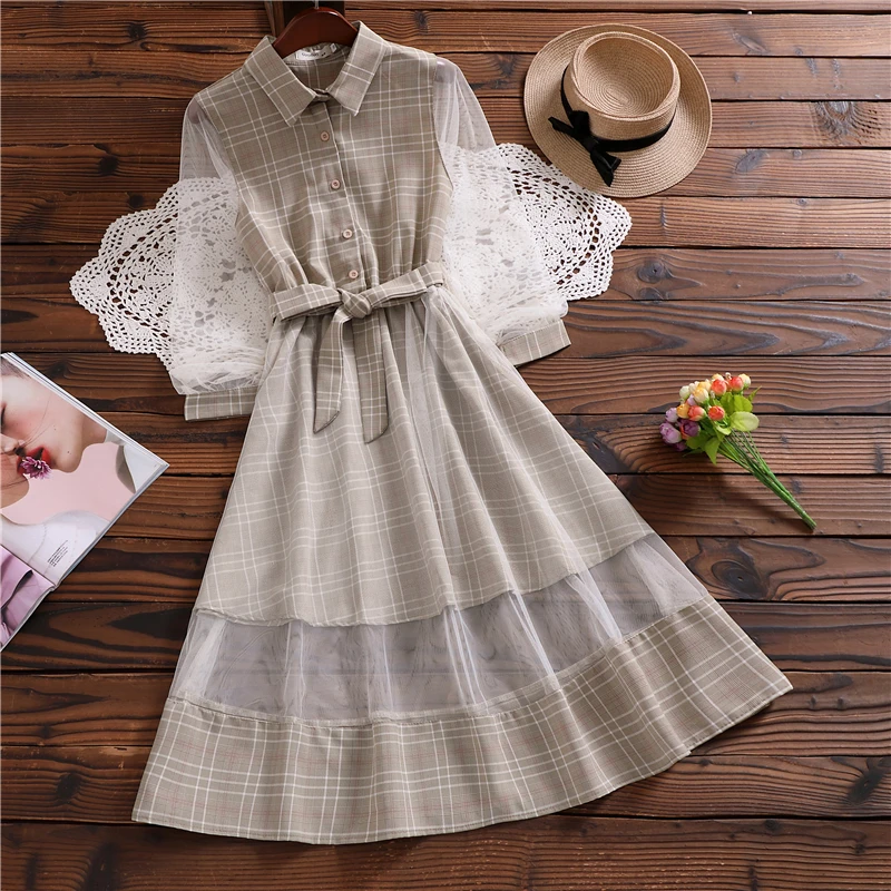 

Mori girl fashion plaid vestidos japan style long sleeve mesh dress