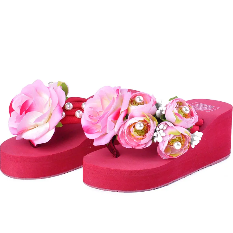 5CM High Heel Women Summer Slipper Female Sequined Flower Flip Flop Holiday Breathable Non-Slip Slippers Outdoor Beach Shoes