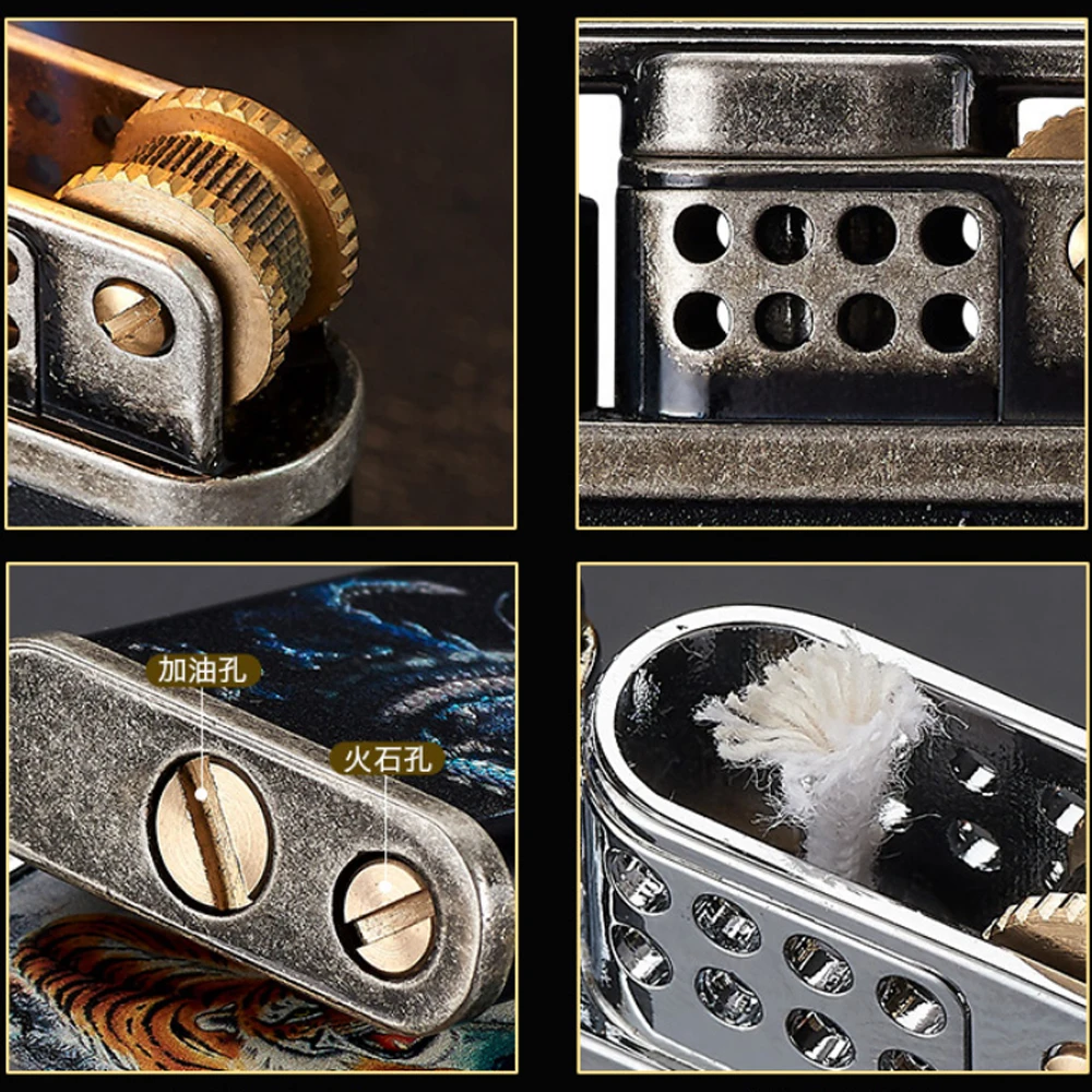 Zinc Alloy Fuel Kerosene Lighter Vintage Gasoline Windproof Rolling Grinding Wheels Flint Cigarette Lighters Gadget For Men