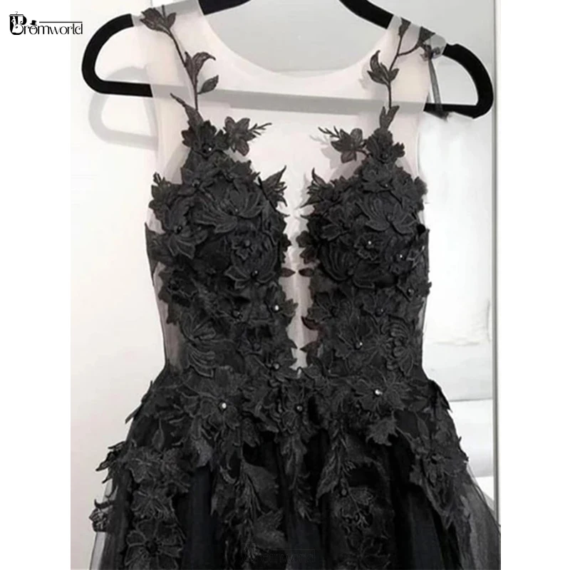 Floral gótico preto vestidos de baile longo 2022 vestidos de noite formais a linha tule rendas flores vestido de festa robe de soiree