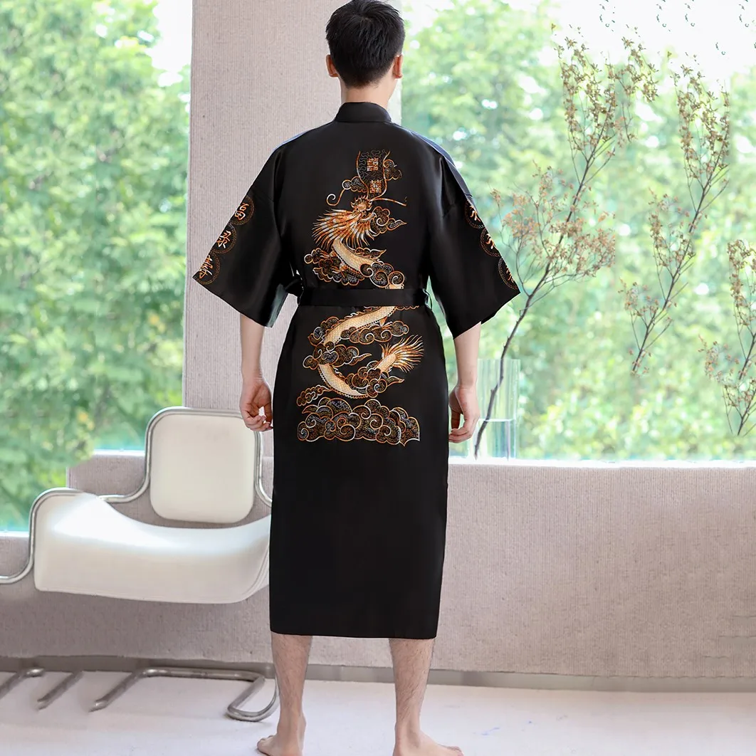 Navy Blue Embroidery Dragon Robe Nightgown Men Kimono Bathrobe Gown Satin Silk Sleepwear Nightwear  Loose Casual Home Clothes