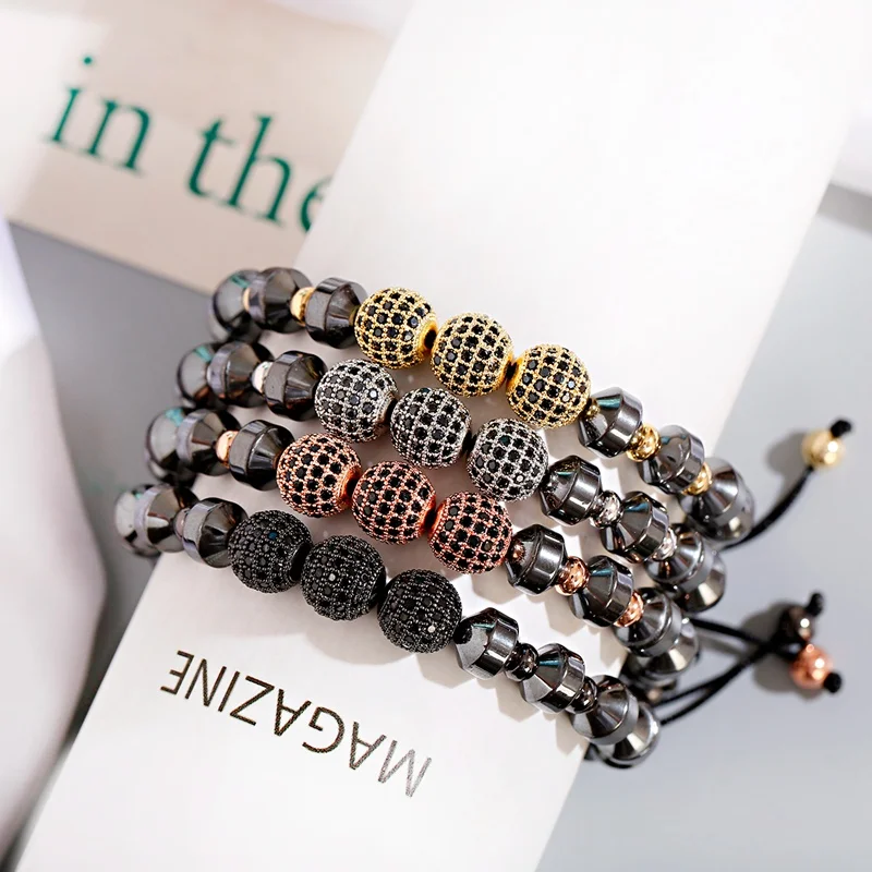 Luxury Micro Pave CZ 8mm Disco Charm Men Bracelet Classic Hematite Beaded Woven Bracelets Bileklik Women Jewelry