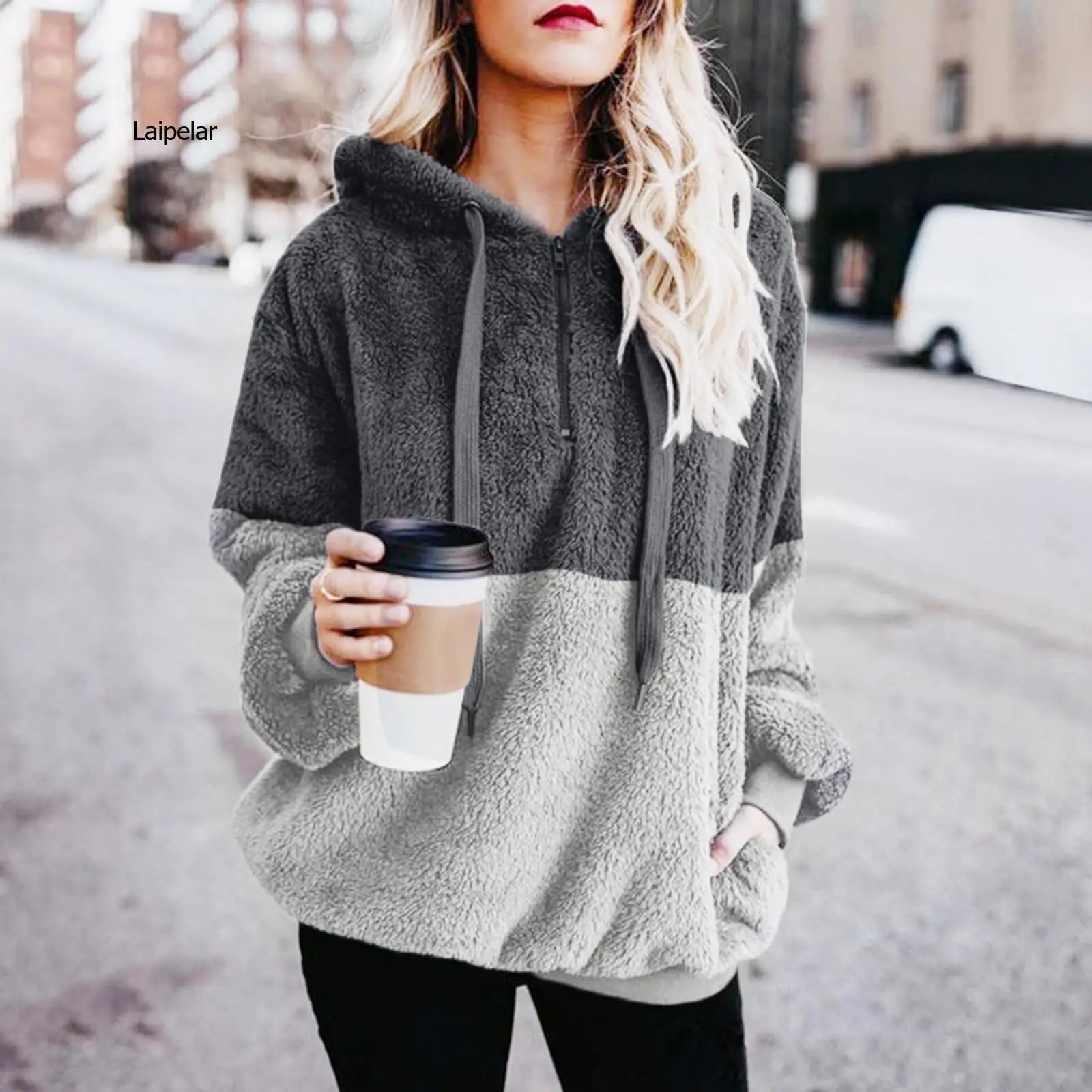 Winter Warm Sweatshirt Women Fleece Long Sleeve Hooded Zipper Pocket Pullover Top Casual Female Drawstring Sweatshirt