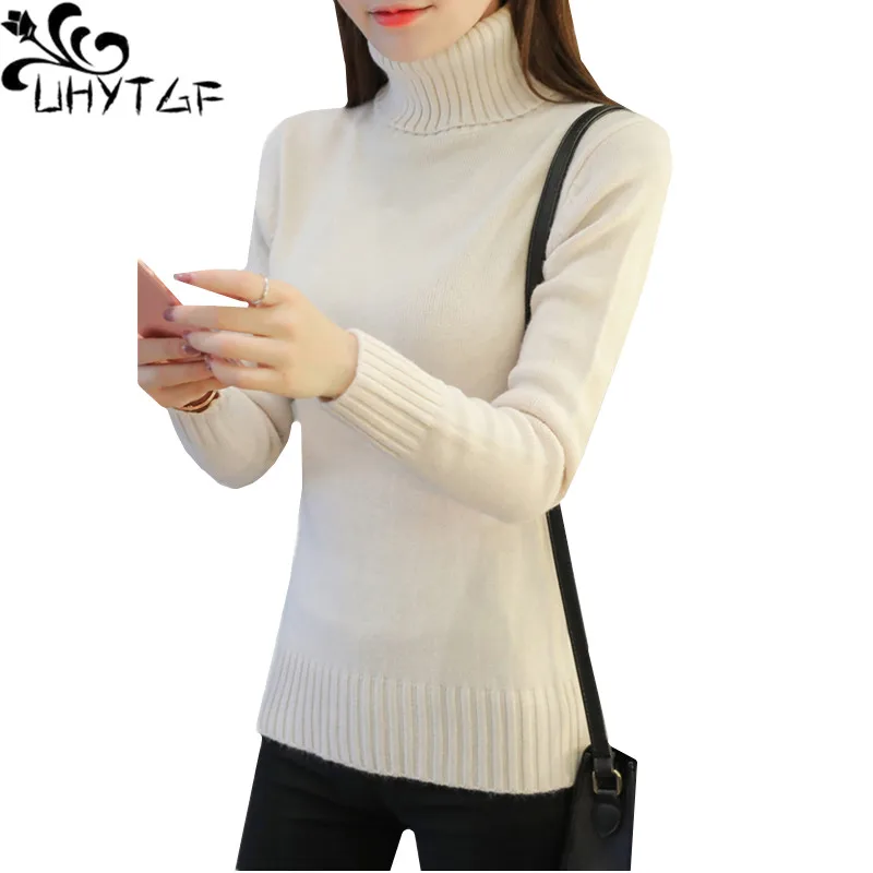 

UHYTGF womens sweater turtleneck pullover Knitted Autumn winter sweater Female Solid color stretch Slim warm ladies sweaters 417