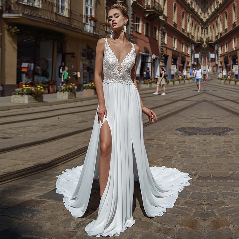 Sexy Boho Wedding Dress Appliques Lace V-neck Backless Side Split Wedding Gowns Chiffon Bride Dresses vestido de mariage