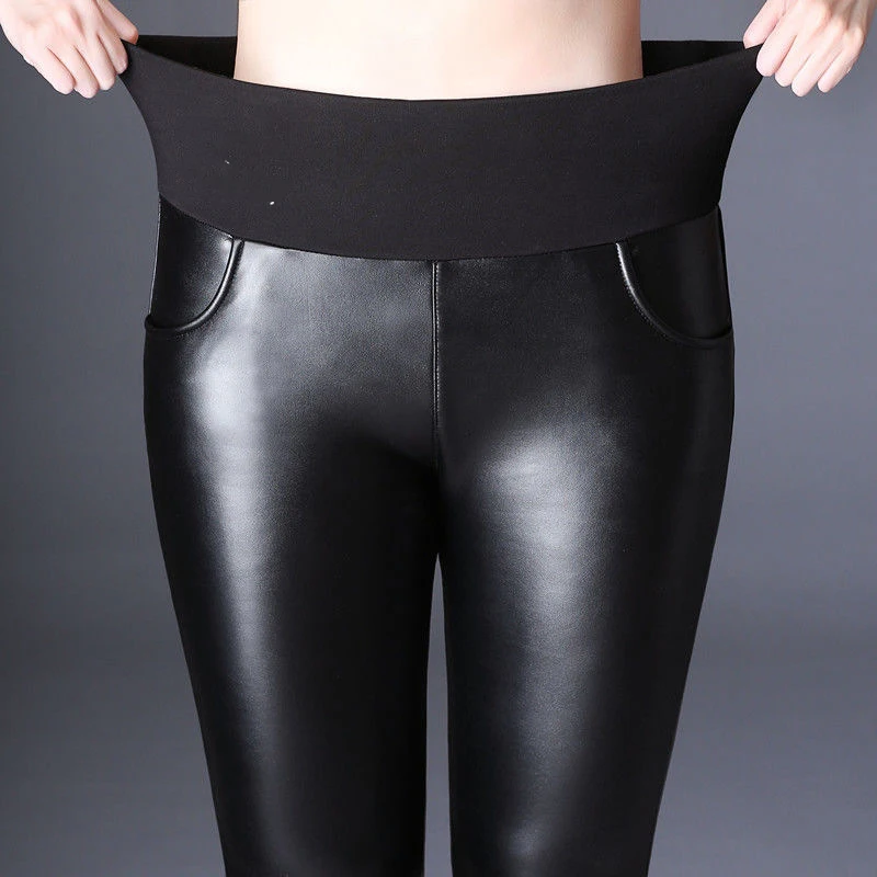 Stretch Faux Pu Leather Pants Capris Women Velvet Tights Leggings High Waist Sexy Club Trousers Fleece Warm Plussize 4XL 5XL
