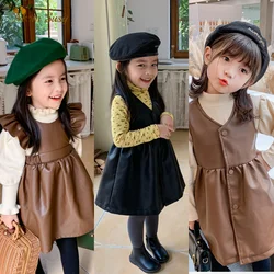 Fashion Baby Girl Leather Dress Ruffle Sleeveless Toddler Girl Vest Dress PU Winter Spring Fall Kid Suspender Clothes 1-8Y