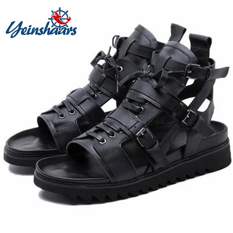 Summer Men's Sandals Genuine Leather Flats Moccasins High Top Peep Toes Cross-Tied Ankle Buckle Strap Male Casual Shoes Loafers