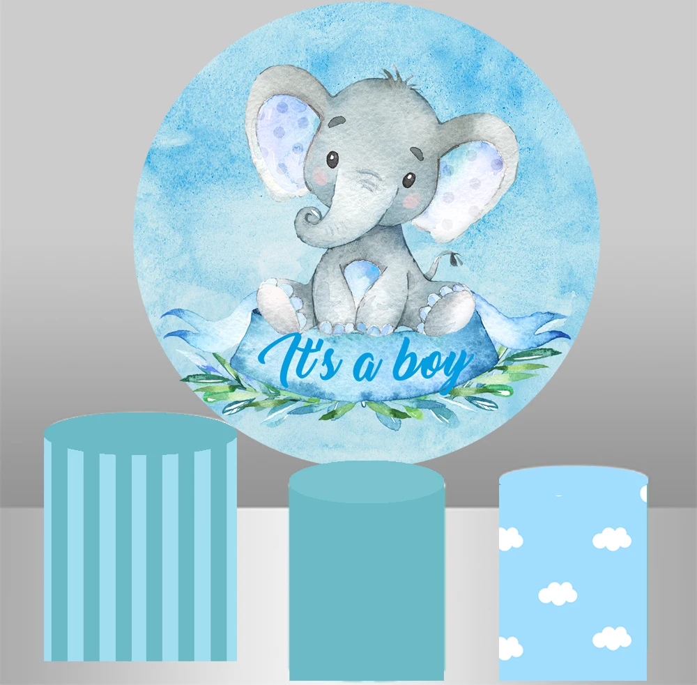 

Baby shower Round circle background Cartoon watercolor elephant Backdrop pink blue boys girls birthday Party table Cover vinyl