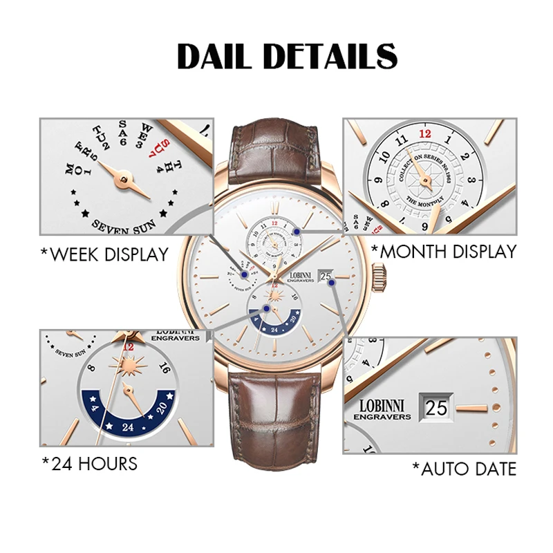 LOBINNI 316L الفولاذ المقاوم للصدأ التلقائي الرجال ساعة اليد تاريخ أسبوع شهر الرجال ساعة ميكانيكية الياقوت الزجاج مقاوم للماء 50 متر الساعات