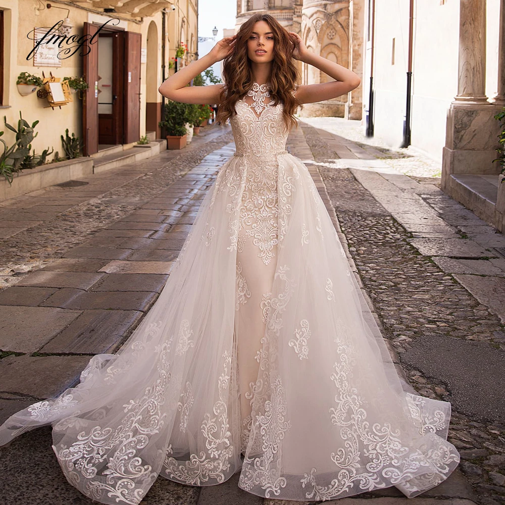 

Fmogl Luxury Detachable Train Lace Mermaid Wedding Dresses Sexy Illusion Appliques Cap Sleeve Tulle Vintage Bridal Gowns