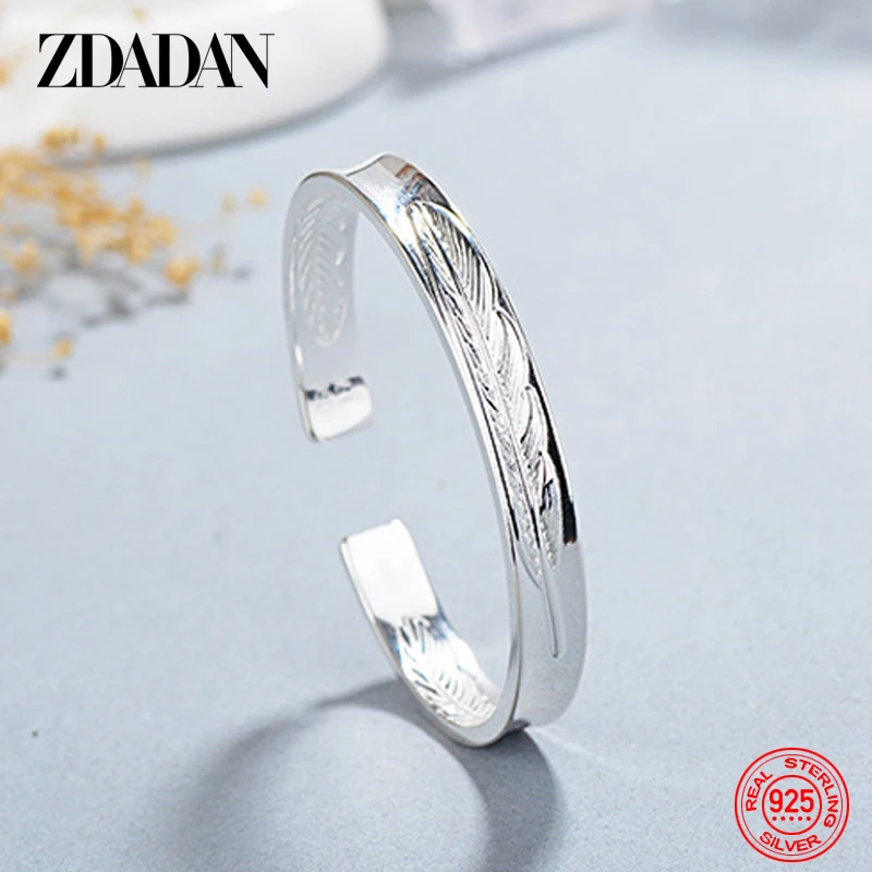 ZDADAN 925 Sterling Silver Vintage Feather Leaf Open Cuff Bracelet Bangle For Women Men Fashion Party Jewelry Gifts