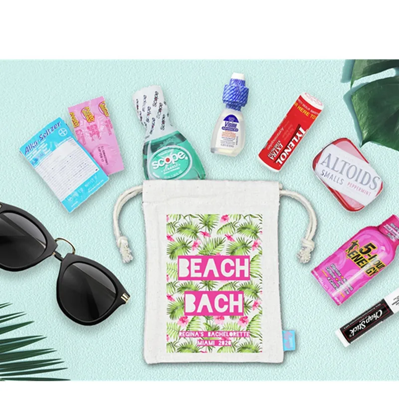 

50pcs Custom Beach Bach Tropical Floral Bachelorette Beach Party Hangovers Kit- Heavy Weight Cotton Canvas Double Drawstring