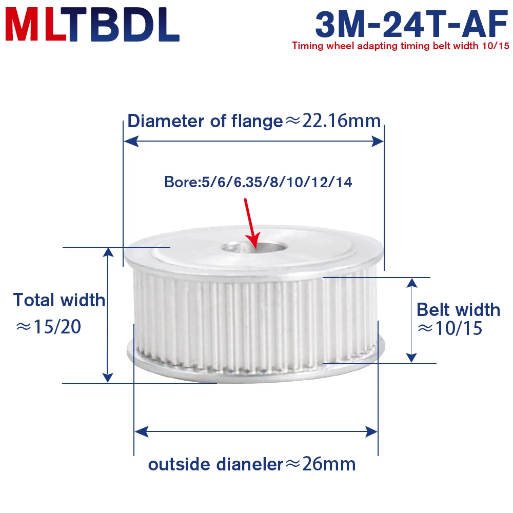3M 24T Timing Pulley 5/6/8/10/12mm Bore Gear Pulley 3mm Pitch 11/16mm Belt Width Aluminum Alloy Synchronous Timing Belt Pulleys