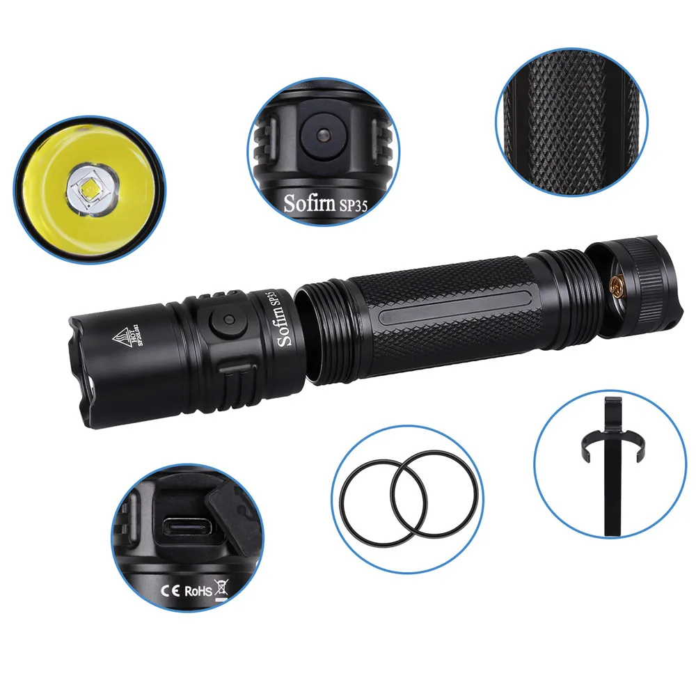 Sofirn SP35 2200lm SST40 LED Flashlight 2A USB C Rechargeable 21700 Torch Powerful EDC Tactical Light Hunting Lantern