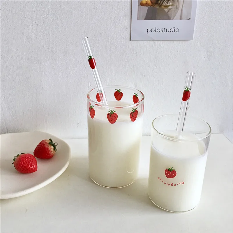 

300ml Strawberry Cute Nordic Glass Cup With Straw Creative Transparent Water Cup Student Milk Heat Resistant Glass