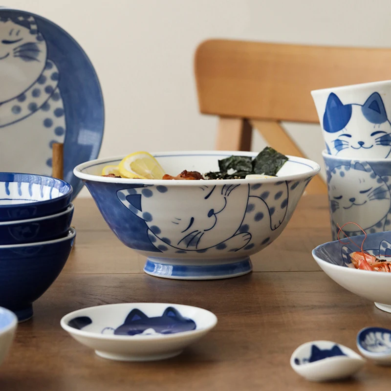 Cute Cat Ceramic Plate, Japanese Style Dinner Plates, Blue and White Porcelain Bowls, Household Creative Dishes