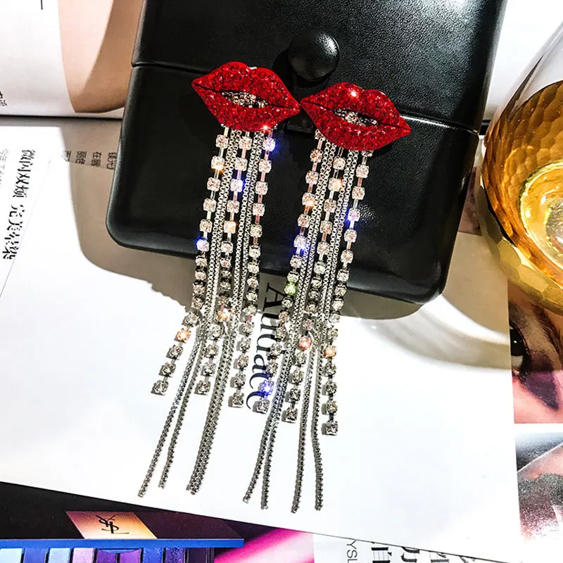 Dichiarazione Orecchini Per Le Donne Shinning Del Rhinestone nappa Labbro Rosso di Goccia Ciondola Gli Orecchini Alla Moda Dei Monili Festa di