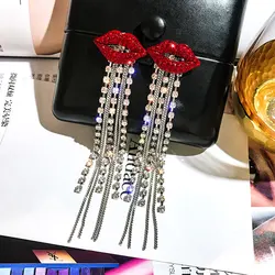 Dichiarazione Orecchini Per Le Donne Shinning Del Rhinestone nappa Labbro Rosso di Goccia Ciondola Gli Orecchini Alla Moda Dei Monili Festa di Strada Bel Regalo