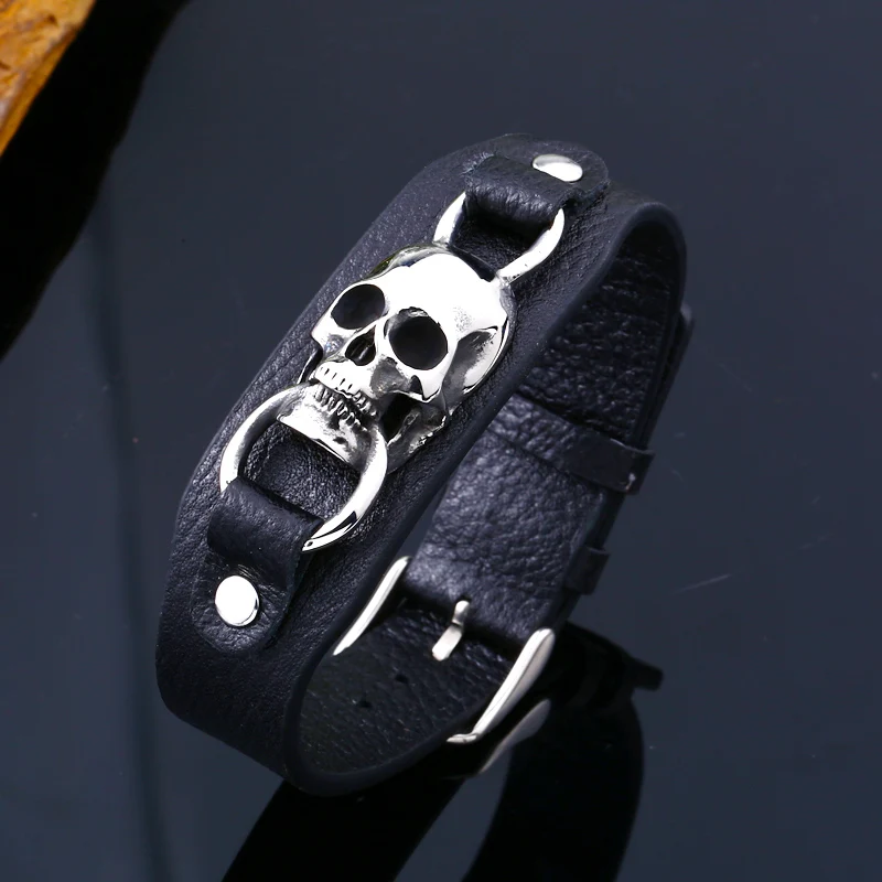 Beier 316L stainless steel Punk Skull Adjustable High Quality Leather Men\'s Bracelet Party Biker Fashion Jewelry