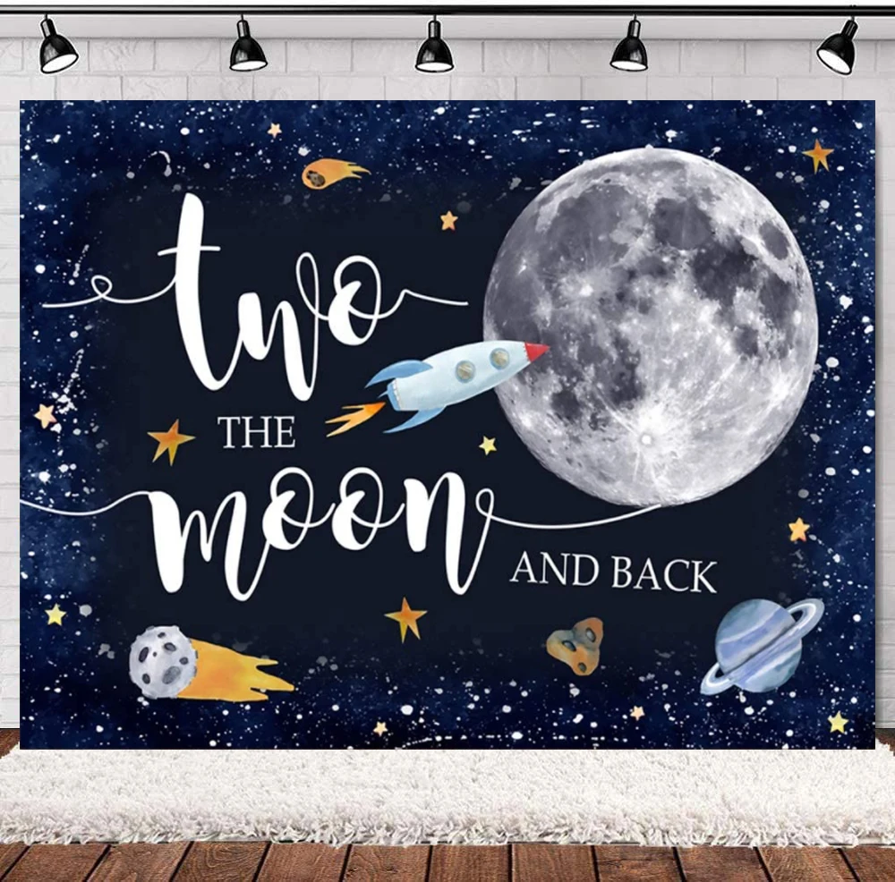 Two The Moon 2nd Birthday Party For Boy Rocket Astronaut Backdrop Night Sky Gold Stars Planet Galaxy Photo Background Decor