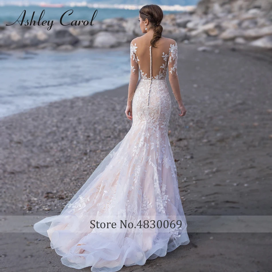 Ashley Carol – robe De mariée sirène, tenue De plage romantique, dos nu, avec des Appliques, à manches longues, collection 2023