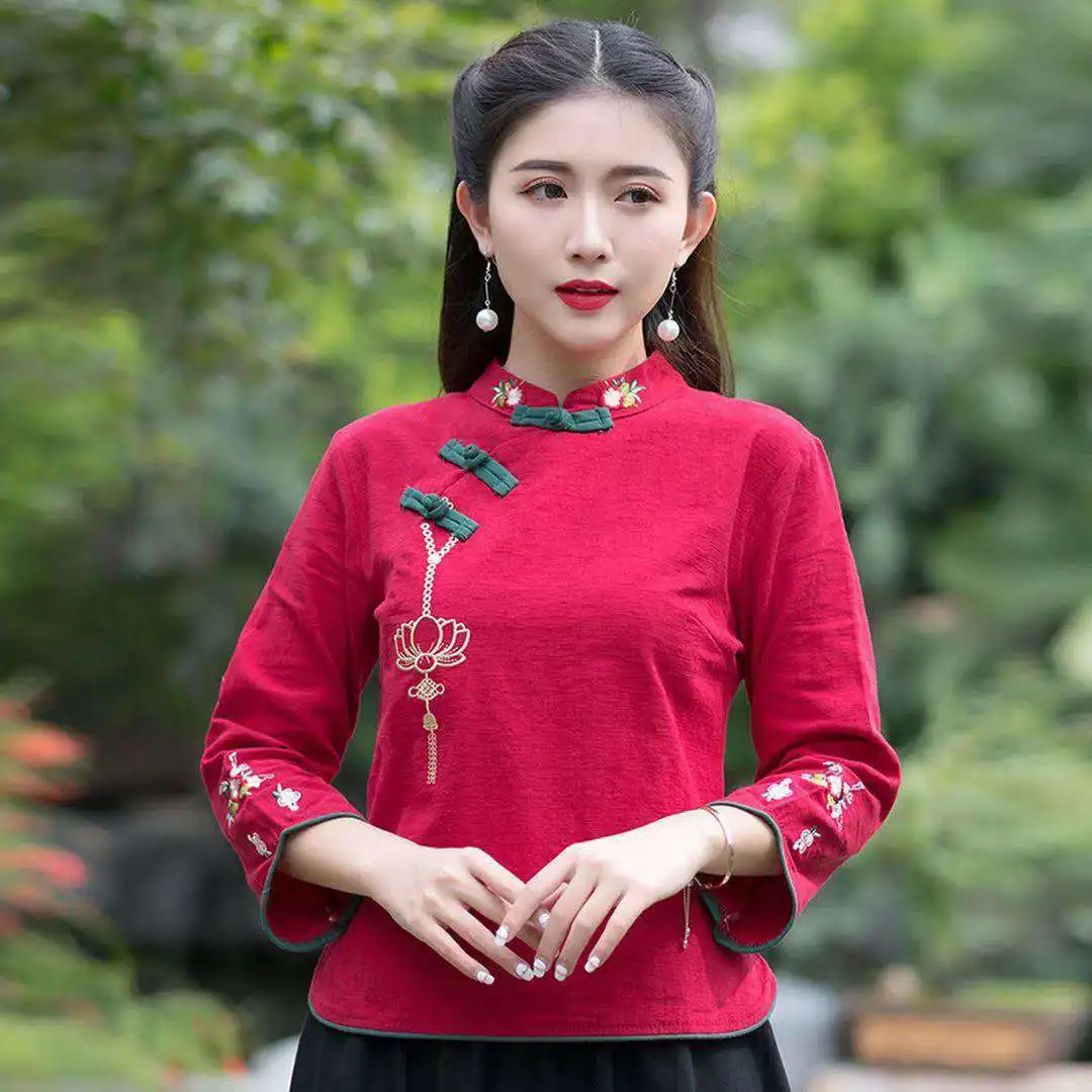 M-4XL Plus Size Traditional Chinese Clothing Embroidery Cheongsam Shirts Navy Blue Woman Blouse Women Cotton Linen Qipao Tops