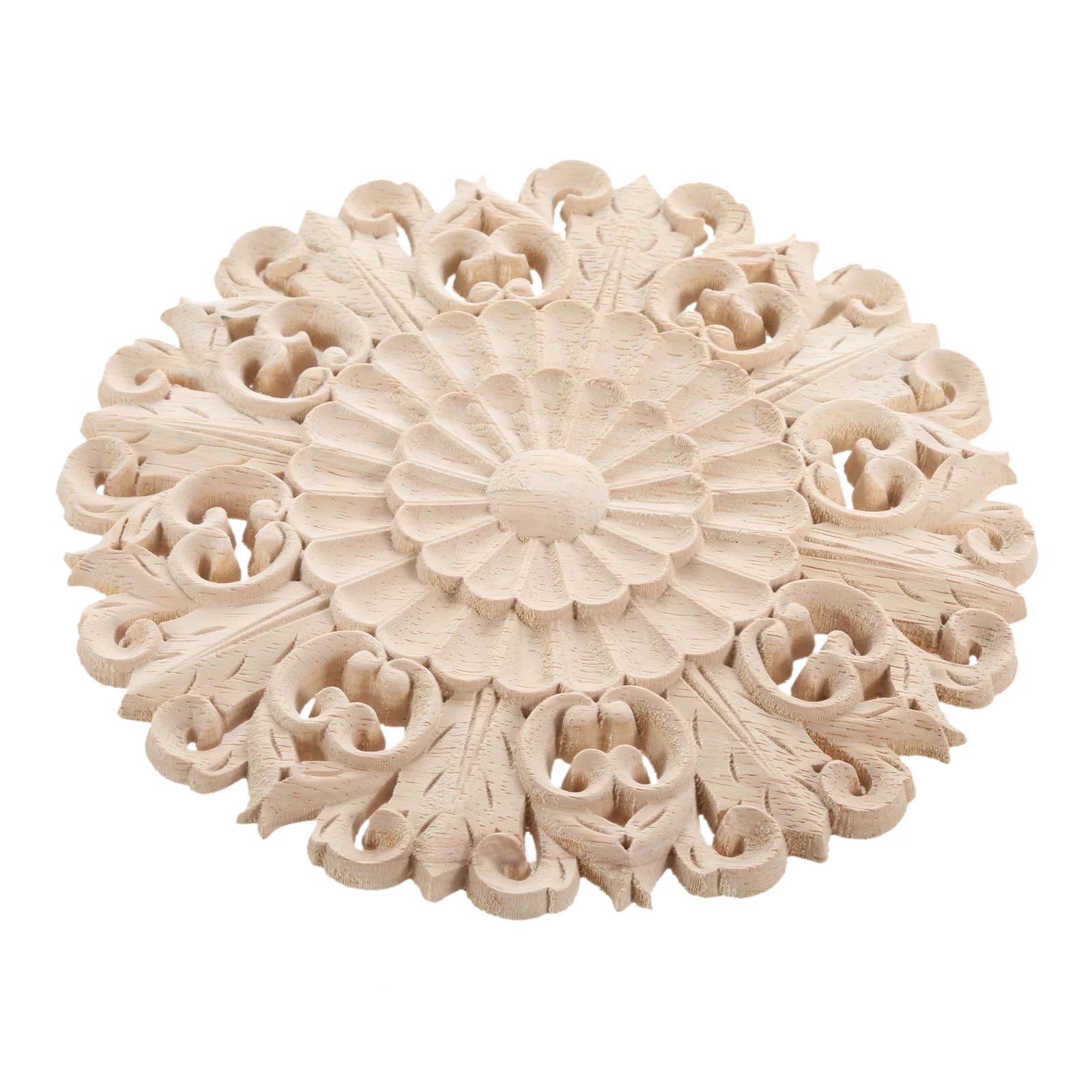 Vintage Round Wood Carved Flower Branch Decal Unpainted Hollow Disc Onlay Decor Door Furniture Symmetrical European Style 10cm