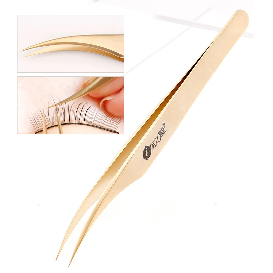 Golden eyelashes tweezers Super Precision Premium Stainless  steel Eyebrow Tweezer for Eyelashes Extension Eye Makeup Tools