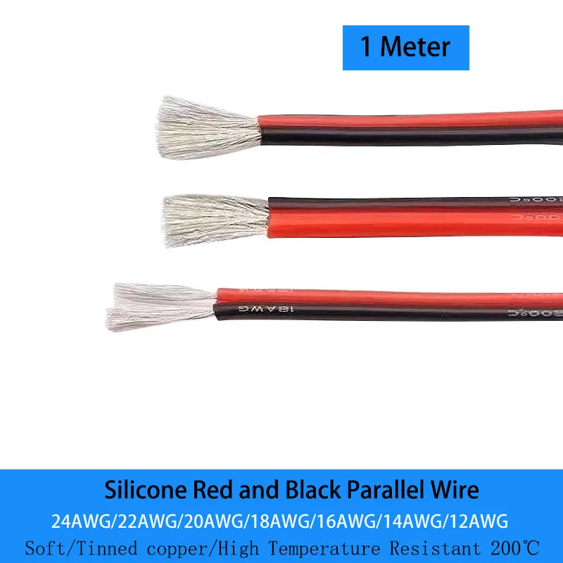 Soft Silicone High Temperature Cable 2P 24/22/20/18/16/14/12 AWG 1 Meter Silicone Red and Black Parallel Wire