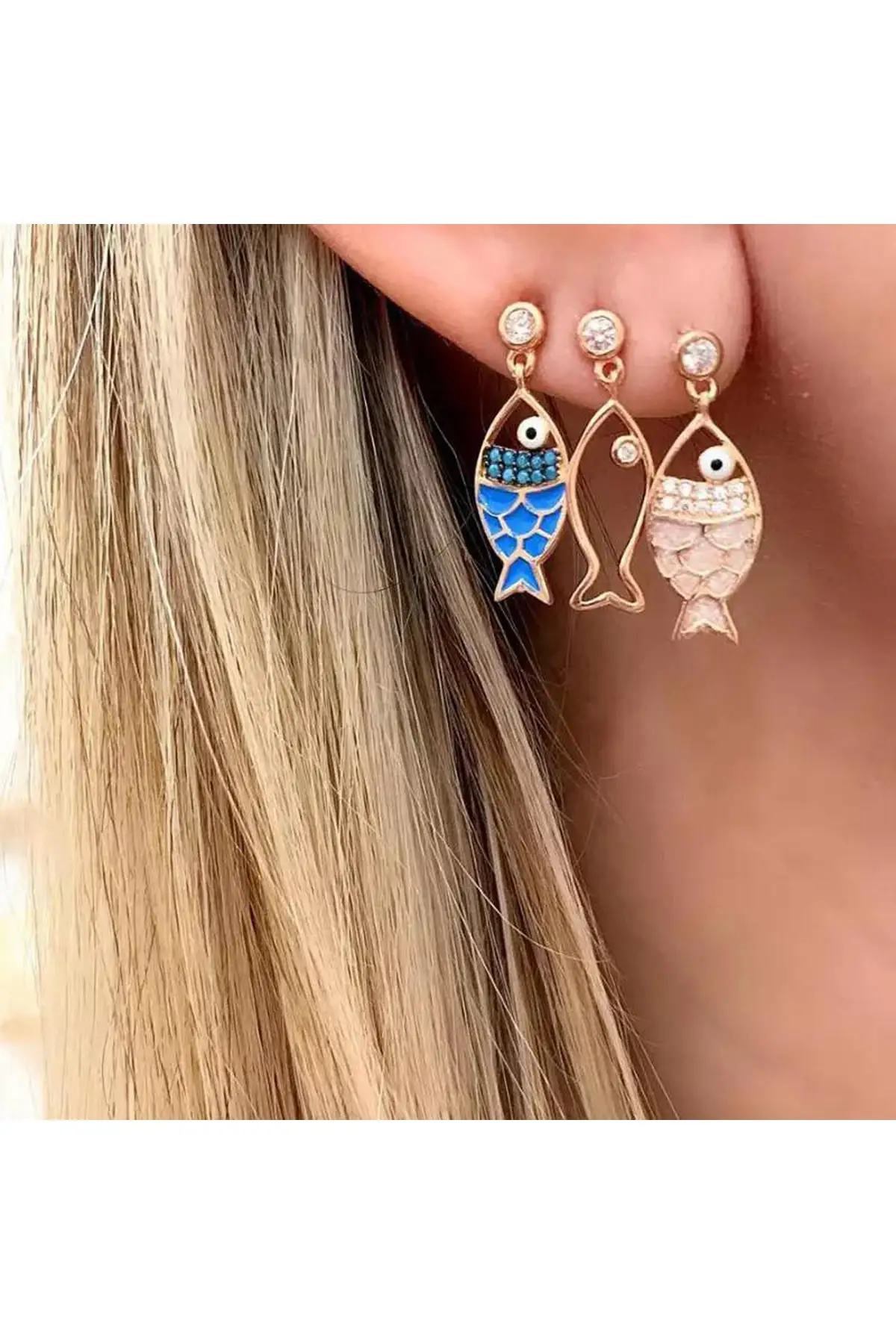 Women's Triple Fish Earrings, 3 pcs earring set, 3 color earrings