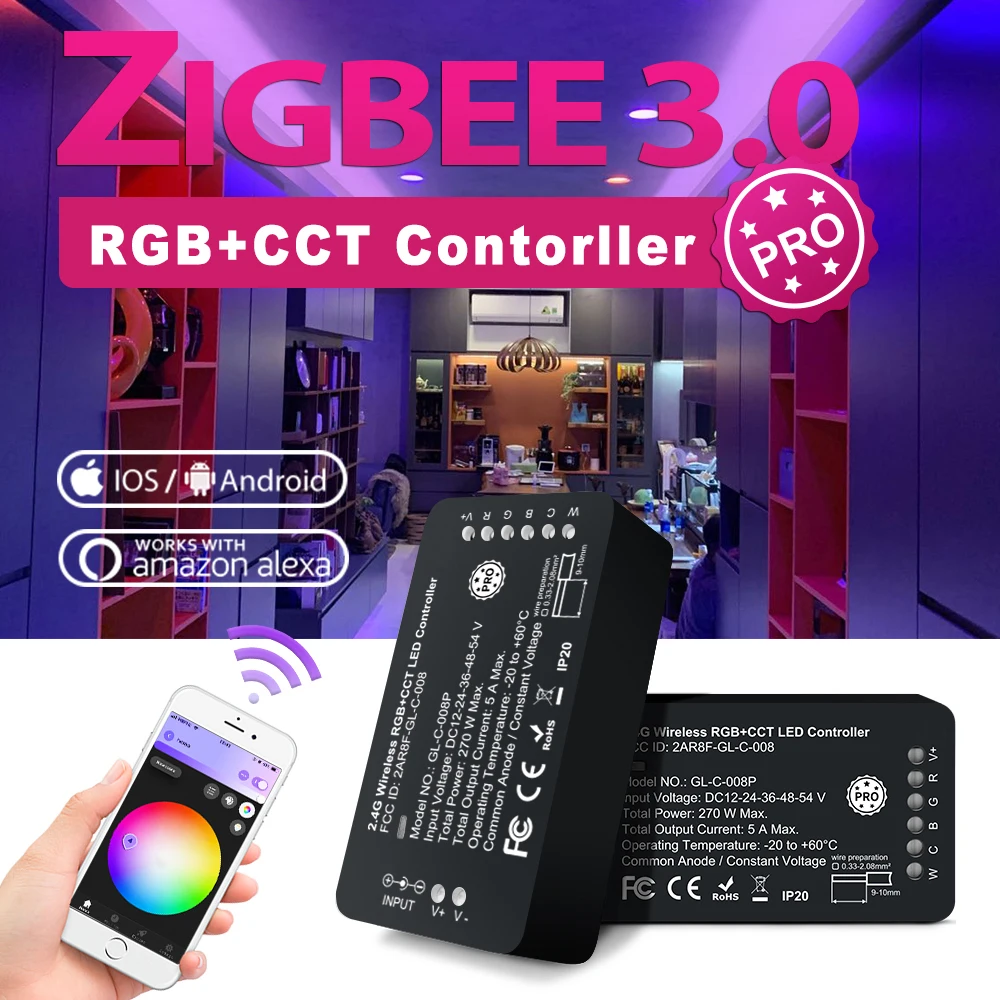 

ZigBee 3.0 LED Controller Pro RGBCCT Strip Controller Smart APP Voice Control work with RF Remote, for LED Strip