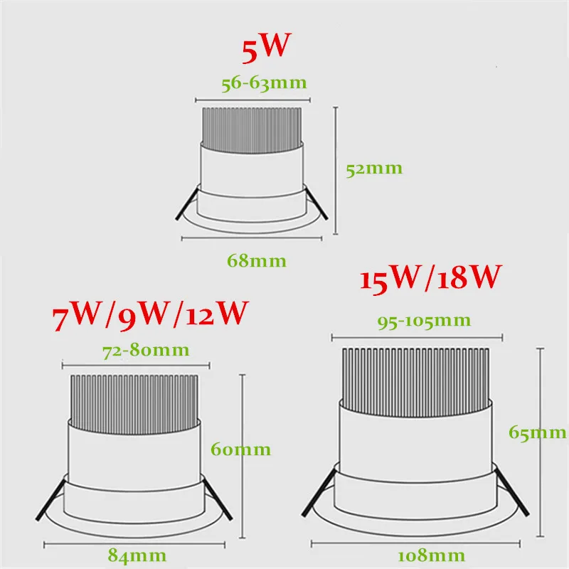 Decoração da lâmpada do teto, 5W, 7W, 9W, 12W, 15W, 18W, Super Bright Recessed Dimmable LED Downlights, Epistar Chip, COB Spot Light, CA 85-265V