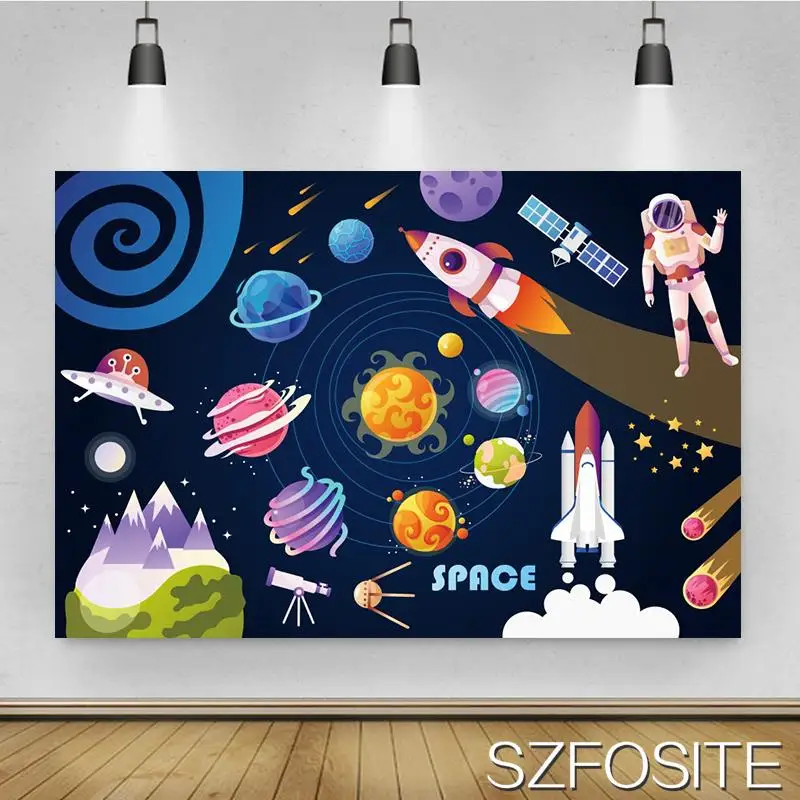 UFO Satellite Spacecraft Space Astronaut Backdrop Boy Birthday Party Table Decoration Photography Photo Custom Vinyl Background