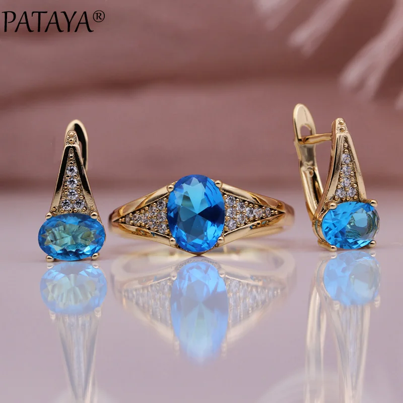 

PATAYA New Winter Clearance Fashion Popular Women Fashion Jewelry Sets Oval Natural Zircon 585 Rose Gold Color Earrings Ring Set