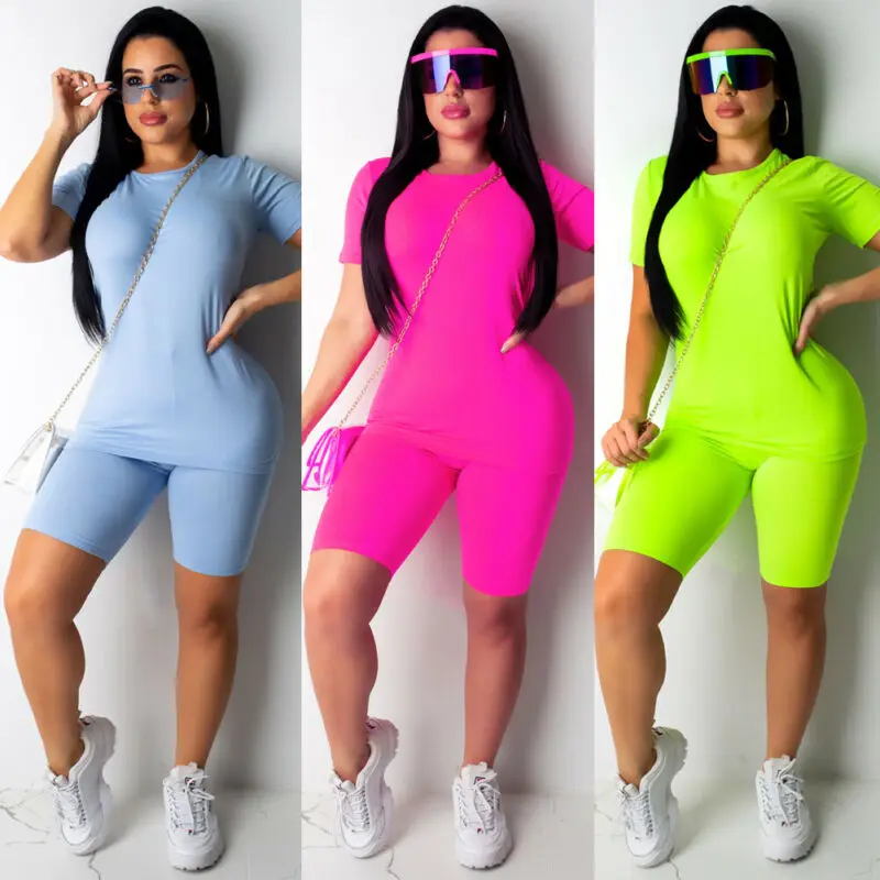 Brand New Women Casual Solid Color Sports Suit Female Crop Top Shorts Outfit Fitness Workout Clothes Tracksuit Outfits 3 Colors