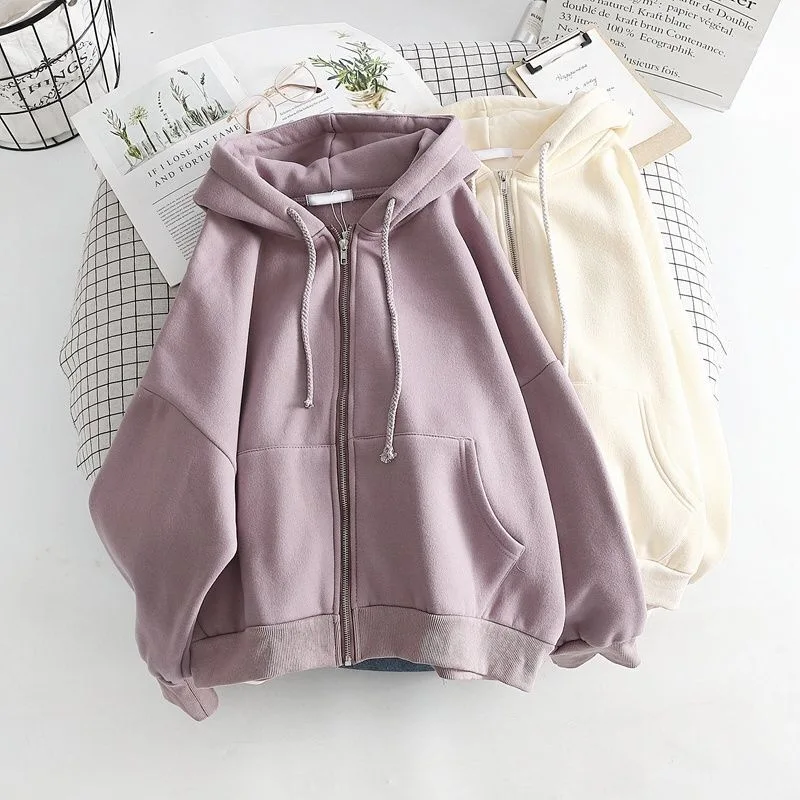 

Women Casual Oversized Sweatshirt Female Streetwear Draw String Solid Thick Jackets Hooded Pockets Loose Zipper Harajuku Hoodies