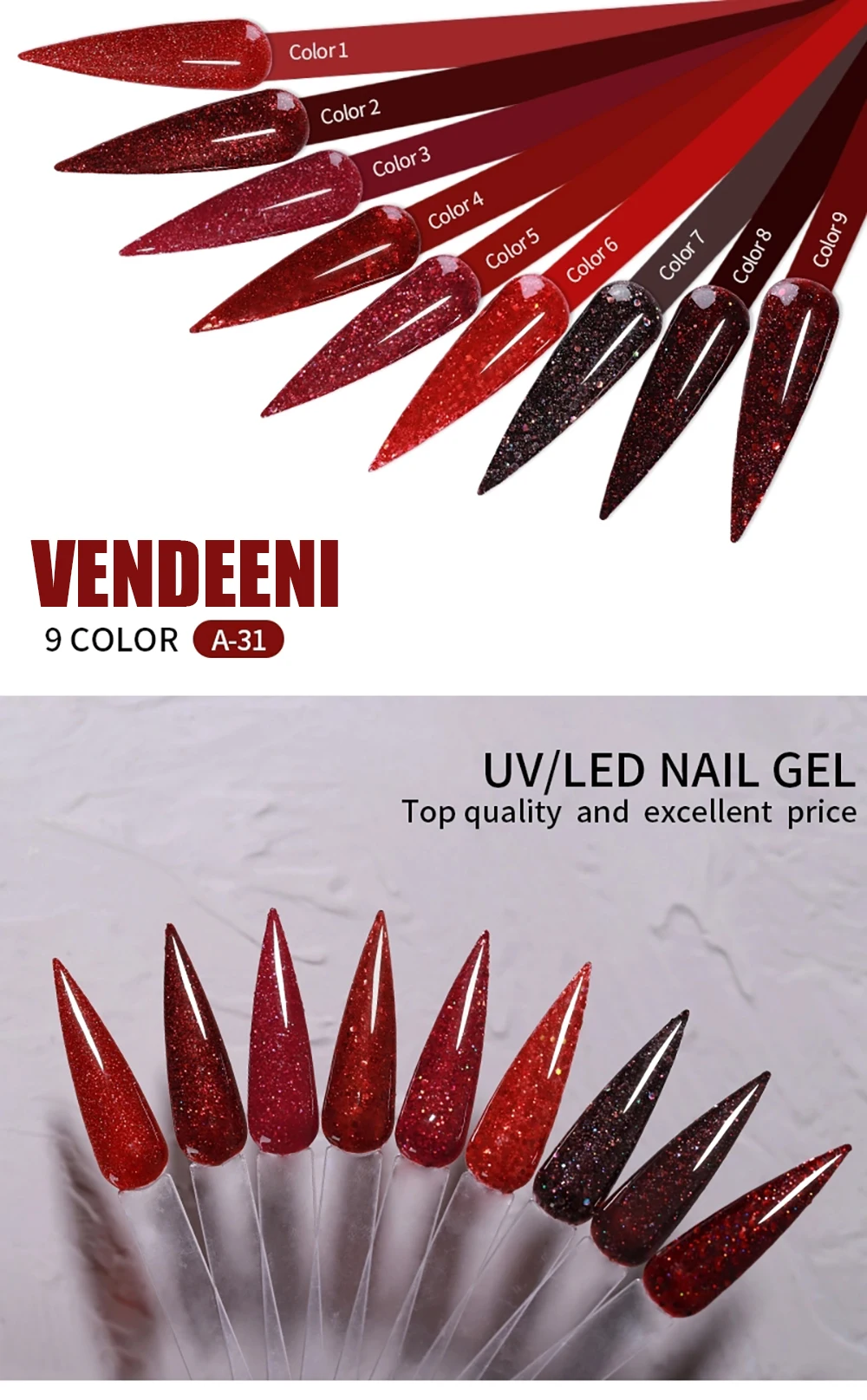 Vendeeni Red Glitter Series Gel-Nagellack, glänzender Pailletten-Gellack, semi-permanenter UV-Soak-Off-Nagelkunst-Gellack, 15 ml – Detail 6
