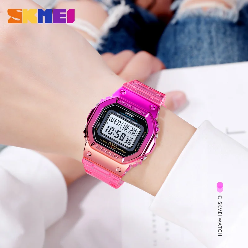 SKMEI-reloj de pulsera Digital para mujer, pulsera transparente con funda galvanizada, a prueba de golpes, a la moda