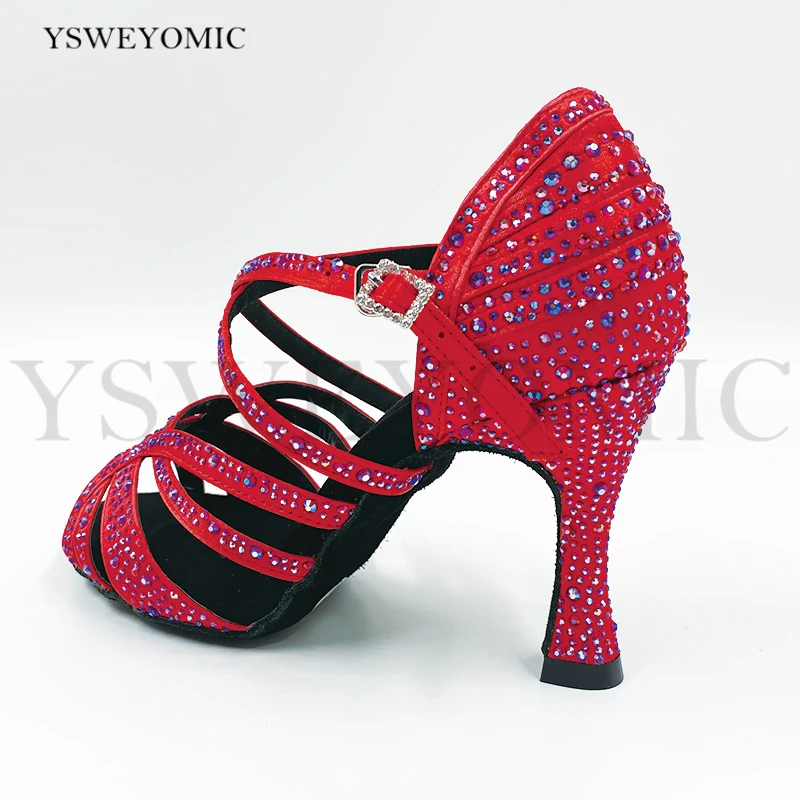 Zapatos de baile latino con diamantes de imitación rojos para mujer, Calzado cómodo de alta calidad para Salsa de salón y Bachata, novedad de 2021