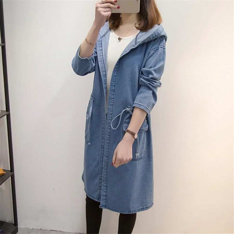 Mit kapuze Jacke Jean Frau Große Größe Mantel Denim Windjacke Frühling Herbst Neue BF Denim Jacke Weibliche Lange Lose Mantel