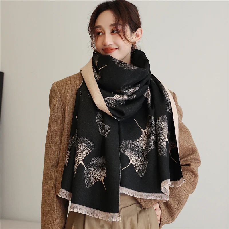 New Ginkgo Print Cashmere Blend Scarves Shawls Ladies Thick Large Size Pashmina Tassel Mujer Bufanda Spring Autumn Wraps Hijab