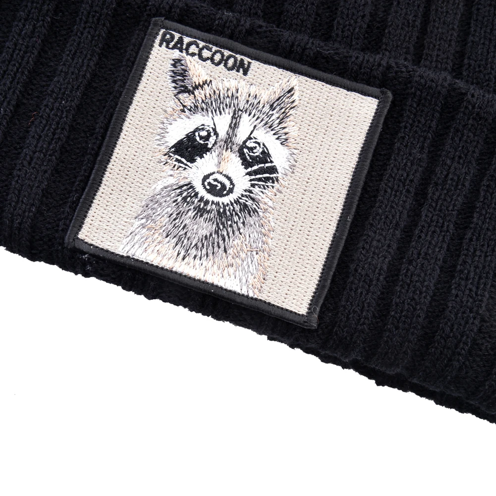 Embroidered Raccoon patch hats for men Knitted wool Beanies Women Winter keep Warm SKullies Beanie Outdoor Ski caps Hip Hop cap